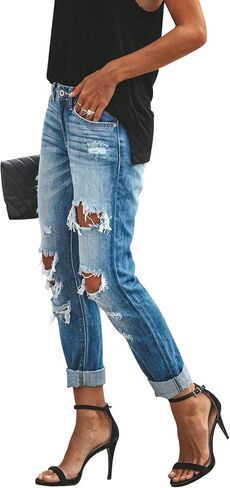 KUNMI Women's Ripped Mid Waisted Boyfriend Jeans Loose Fit Distressed Stretchy Denim Pants in Saudi Arabia