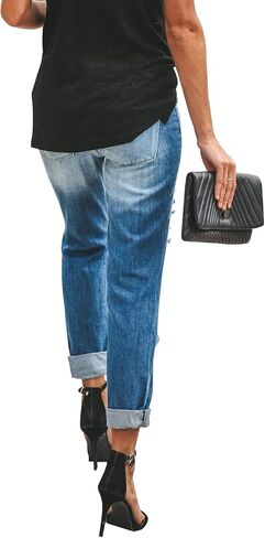 KUNMI Women's Ripped Mid Waisted Boyfriend Jeans Loose Fit Distressed Stretchy Denim Pants in Saudi Arabia