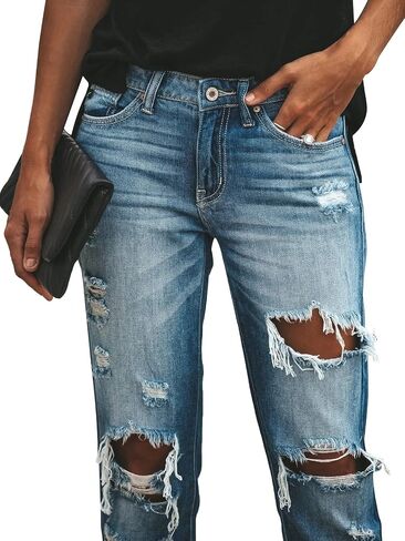 KUNMI Women's Ripped Mid Waisted Boyfriend Jeans Loose Fit Distressed Stretchy Denim Pants in Saudi Arabia