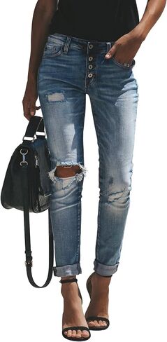 KUNMI Women's Ripped Mid Waisted Boyfriend Jeans Loose Fit Distressed Stretchy Denim Pants in Saudi Arabia