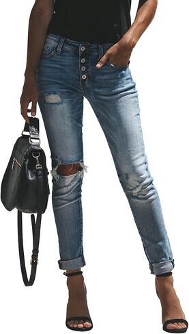 KUNMI Women's Ripped Mid Waisted Boyfriend Jeans Loose Fit Distressed Stretchy Denim Pants in Saudi Arabia