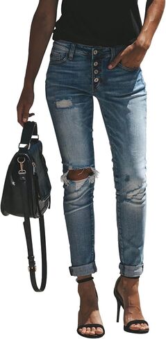 KUNMI Women's Ripped Mid Waisted Boyfriend Jeans Loose Fit Distressed Stretchy Denim Pants in Saudi Arabia