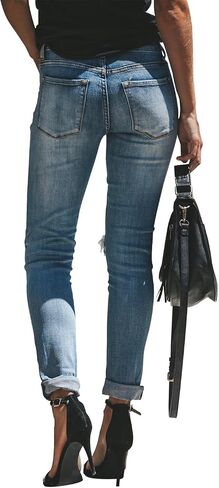 KUNMI Women's Ripped Mid Waisted Boyfriend Jeans Loose Fit Distressed Stretchy Denim Pants in Saudi Arabia