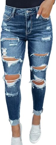KUNMI Women's Ripped Mid Waisted Boyfriend Jeans Loose Fit Distressed Stretchy Denim Pants in Saudi Arabia