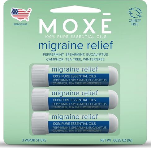 MOXE Migraine Relief Nasal Inhalers, Essential Oils for Headaches & Tension Relief, Portable Aromatherapy, Easy-to-Use, Pure & Undiluted, Peppermint, Spearmint, Eucalyptus, Tea Tree, USA Made, 3 Pack in Kuwait