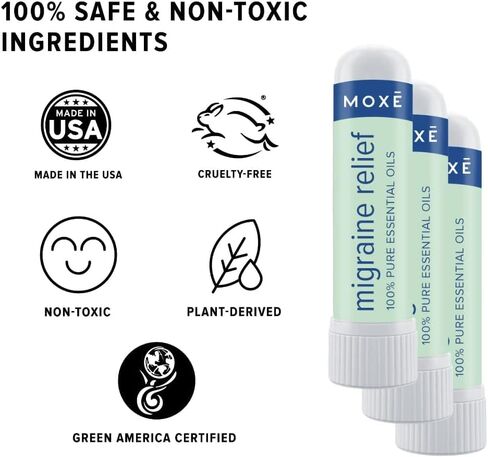 MOXE Migraine Relief Nasal Inhalers, Essential Oils for Headaches & Tension Relief, Portable Aromatherapy, Easy-to-Use, Pure & Undiluted, Peppermint, Spearmint, Eucalyptus, Tea Tree, USA Made, 3 Pack in Kuwait