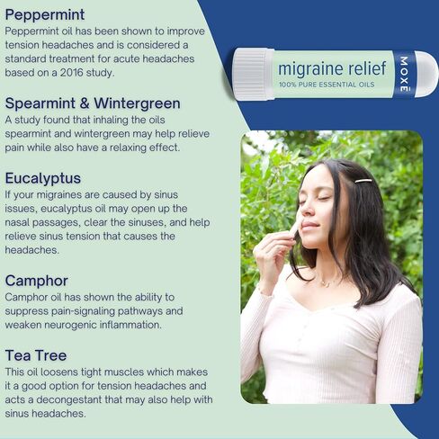 MOXE Migraine Relief Nasal Inhalers, Essential Oils for Headaches & Tension Relief, Portable Aromatherapy, Easy-to-Use, Pure & Undiluted, Peppermint, Spearmint, Eucalyptus, Tea Tree, USA Made, 3 Pack in Kuwait