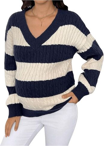MakeMeChic Women's Maternity Sweaters Striped Cable Knit Sweaters V Neck Long Sleeve Pregnancy Knit Top in Saudi Arabia