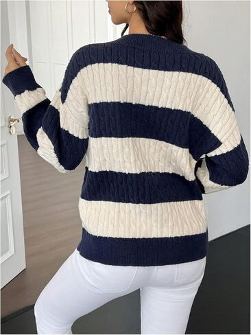 MakeMeChic Women's Maternity Sweaters Striped Cable Knit Sweaters V Neck Long Sleeve Pregnancy Knit Top in Saudi Arabia