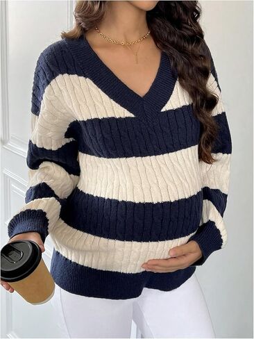 MakeMeChic Women's Maternity Sweaters Striped Cable Knit Sweaters V Neck Long Sleeve Pregnancy Knit Top in Saudi Arabia