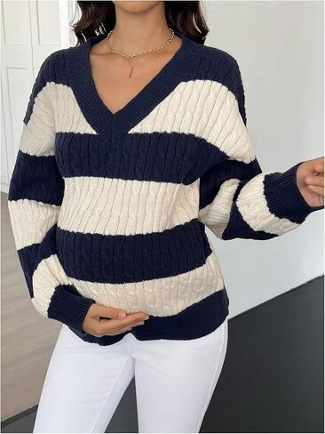 MakeMeChic Women's Maternity Sweaters Striped Cable Knit Sweaters V Neck Long Sleeve Pregnancy Knit Top in Saudi Arabia