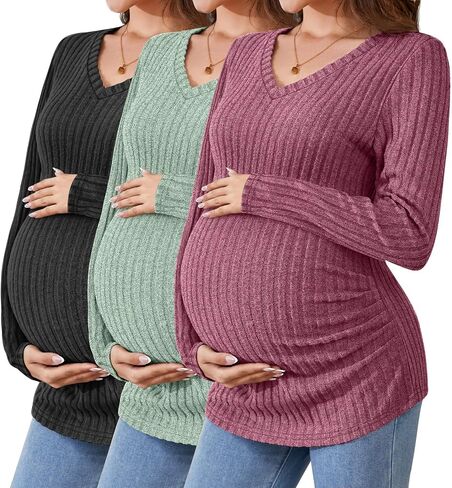 Ficerd Maternity Shirts 3 Pcs Long Sleeve Pregnancy Clothes V Neck Ribbed Fit Women Sweater Winter Mama's Thermal Tops in Kuwait