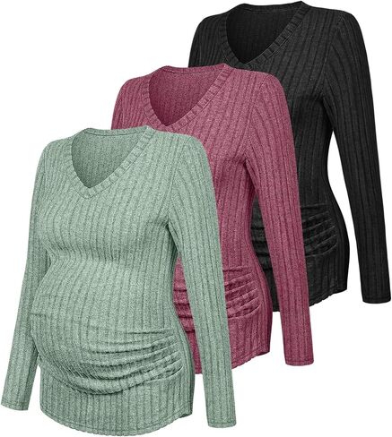 Ficerd Maternity Shirts 3 Pcs Long Sleeve Pregnancy Clothes V Neck Ribbed Fit Women Sweater Winter Mama's Thermal Tops in Kuwait
