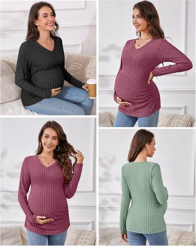 Ficerd Maternity Shirts 3 Pcs Long Sleeve Pregnancy Clothes V Neck Ribbed Fit Women Sweater Winter Mama's Thermal Tops in Kuwait