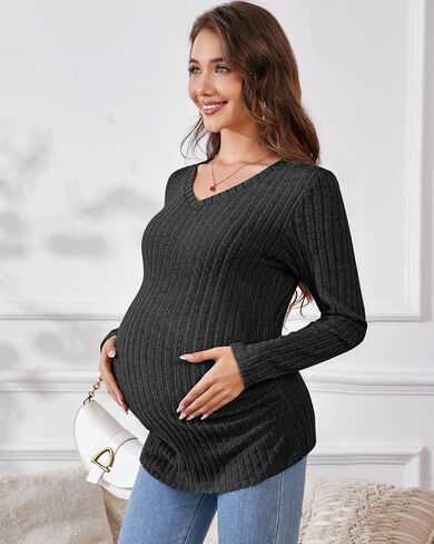 Ficerd Maternity Shirts 3 Pcs Long Sleeve Pregnancy Clothes V Neck Ribbed Fit Women Sweater Winter Mama's Thermal Tops in Kuwait