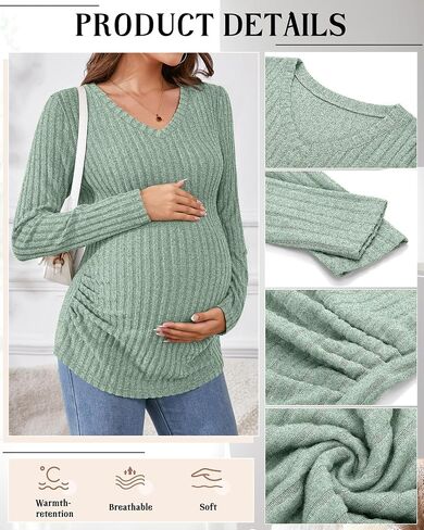 Ficerd Maternity Shirts 3 Pcs Long Sleeve Pregnancy Clothes V Neck Ribbed Fit Women Sweater Winter Mama's Thermal Tops in Kuwait