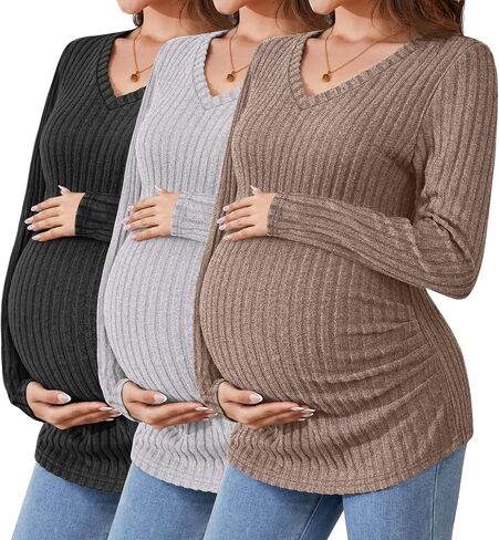 Ficerd Maternity Shirts 3 Pcs Long Sleeve Pregnancy Clothes V Neck Ribbed Fit Women Sweater Winter Mama's Thermal Tops in Kuwait
