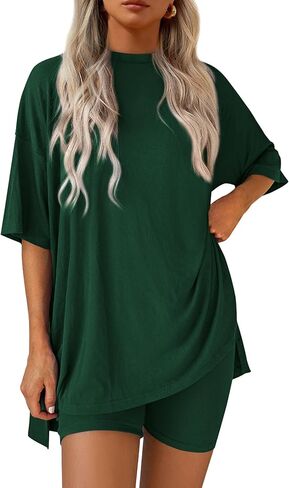 PRETTYGARDEN Women's Two Piece Lounge Set 2025 Summer Casual Oversized Shirts Biker Shorts Matching Airport Travel Outfit in Saudi Arabia