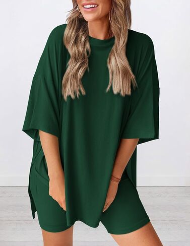 PRETTYGARDEN Women's Two Piece Lounge Set 2025 Summer Casual Oversized Shirts Biker Shorts Matching Airport Travel Outfit in Saudi Arabia