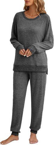 Famulily Women's 2 Piece Long Sleeve Side Split Ribbed Sweatshirt with Elastic Cuff Jogger Loose Lounge Sets in Saudi Arabia