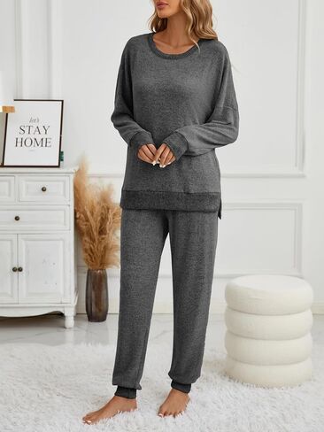 Famulily Women's 2 Piece Long Sleeve Side Split Ribbed Sweatshirt with Elastic Cuff Jogger Loose Lounge Sets in Saudi Arabia