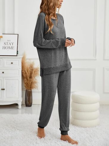 Famulily Women's 2 Piece Long Sleeve Side Split Ribbed Sweatshirt with Elastic Cuff Jogger Loose Lounge Sets in Saudi Arabia