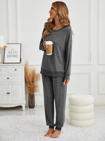 Famulily Women's 2 Piece Long Sleeve Side Split Ribbed Sweatshirt with Elastic Cuff Jogger Loose Lounge Sets in Saudi Arabia