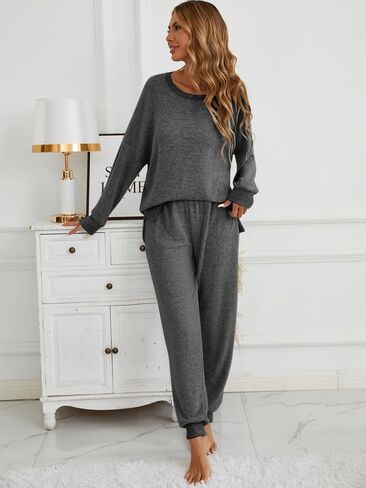 Famulily Women's 2 Piece Long Sleeve Side Split Ribbed Sweatshirt with Elastic Cuff Jogger Loose Lounge Sets in Saudi Arabia