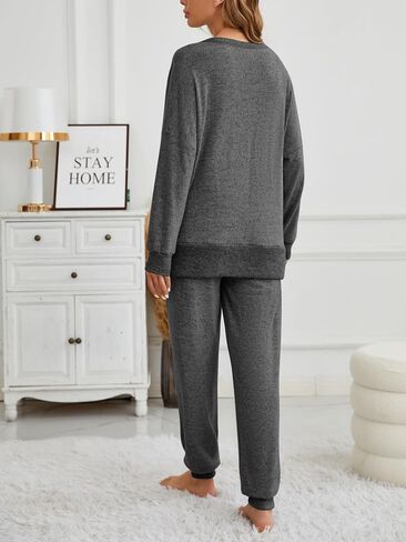 Famulily Women's 2 Piece Long Sleeve Side Split Ribbed Sweatshirt with Elastic Cuff Jogger Loose Lounge Sets in Saudi Arabia