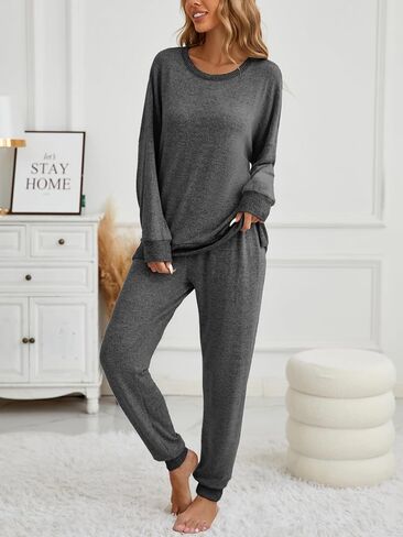Famulily Women's 2 Piece Long Sleeve Side Split Ribbed Sweatshirt with Elastic Cuff Jogger Loose Lounge Sets in Saudi Arabia