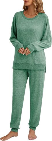 Famulily Women's 2 Piece Long Sleeve Side Split Ribbed Sweatshirt with Elastic Cuff Jogger Loose Lounge Sets in Kuwait