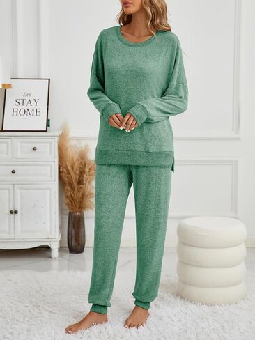 Famulily Women's 2 Piece Long Sleeve Side Split Ribbed Sweatshirt with Elastic Cuff Jogger Loose Lounge Sets in Kuwait