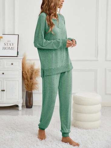 Famulily Women's 2 Piece Long Sleeve Side Split Ribbed Sweatshirt with Elastic Cuff Jogger Loose Lounge Sets in Kuwait