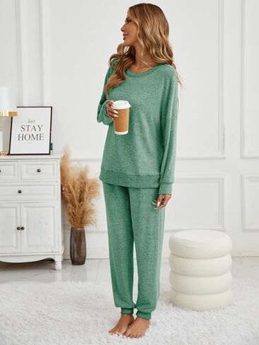 Famulily Women's 2 Piece Long Sleeve Side Split Ribbed Sweatshirt with Elastic Cuff Jogger Loose Lounge Sets in Kuwait