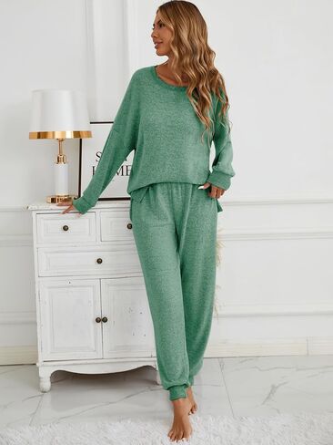 Famulily Women's 2 Piece Long Sleeve Side Split Ribbed Sweatshirt with Elastic Cuff Jogger Loose Lounge Sets in Kuwait