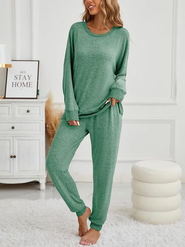 Famulily Women's 2 Piece Long Sleeve Side Split Ribbed Sweatshirt with Elastic Cuff Jogger Loose Lounge Sets in Kuwait