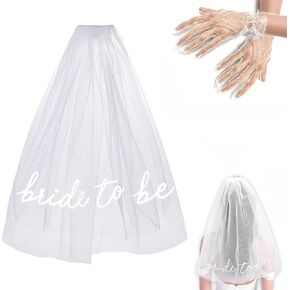 2 Sets Bridal Veil and Lace Gloves, Bride to be Women's Simple Tulle Short Veil for Wedding Bachelorette Party