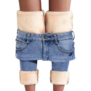 Women's Fleece Lined Jeans Thermal Flannel Lined Jeans Winter Warm Thicken Skinny Stretch Denim Pants