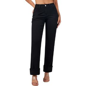 roswear Women’s Straight Leg Jeans High Waisted Boyfriend Stretchy Cuffed Denim Pants