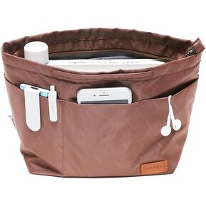 iN. Purse Organizer Insert with zipper, Nylon fabric Storage Bag with handles, for womens Handbags & Tote bags, neverfull, lightweight small sized Brown