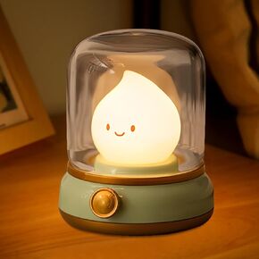 Cute Kerosene Lamp,Kids Flameless Candle Light,Outdoor Camping Lava Lamp,Retro Rotary Button Adjustable Dimmable Rechargeable Flame Night Light for Boys,Girls(Green)