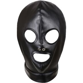 Black Leather Full Face Mask Hood Head Cover Headgear Hat with Drawstring Adjustable Hollow Out Masquerade Party Club Costume