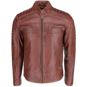 TLC Men's Genuine Leather Motorcycle Jacket - Lambskin Diamond Quilted Leather Jacket, Cafe Racer Leather Jacket