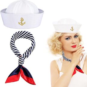 Silor Costume Yacht Captain Hat Sailor Ship Cap Boat Scarf Sunglasses For Men Women Captains Dressing up Party (White 2PCS)