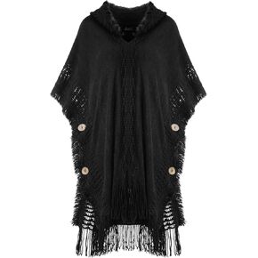 Ferand Women's Cable Knit Poncho Sweater Casual Hooded Pullover Ponchos with Decorative Buttons