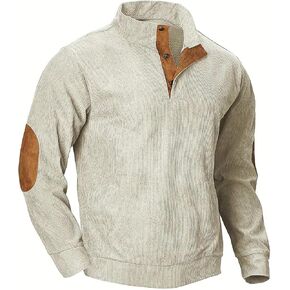 Wangdo Men's Corduroy Sweatshirt Button Down Pullover Henley Shirt Long Sleeve Casual Stand Collar Polo Shirts for Men