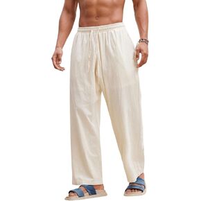 Men's Drawstring Waist Straight Leg Pants Casual Beach Vacation Long Trousers with Pockets