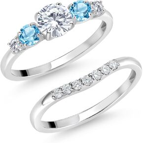 Gem Stone King 10K White Gold White Lab Grown Diamond and Swiss Blue Topaz 5 Stone Bridal Engagement Wedding Ring Set For Women (0.91 Cttw, Round: 5MM and 3MM, Available in Size 5,6,7,8,9)