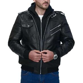 Mens Heavy Duty 100% Genuine Cowhide Leather Jacket with Removable Hood - Black Motorcycle, Motorbike Jacket in Saudi Arabia