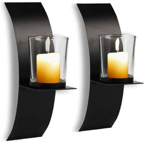 CALIDAKA 2 Pcs Modern Art Candle Holder,Wall Iron Art Candle Holder with Glass Cup Wall Candle Sconces Set Candle Holder Metal Black for Home Wedding Living Room Decoration
